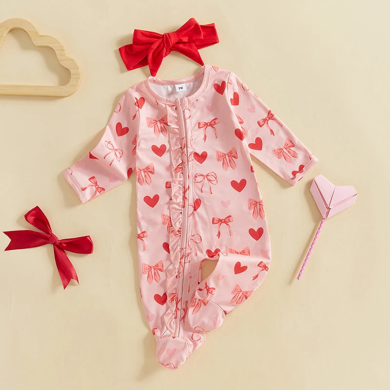 Baby Girls 2Pcs Valentine’s Day Outfit Long Sleeve Heart Bow Print Ruffle Jumpsuit Zipper Romper with Headband Set Valentines