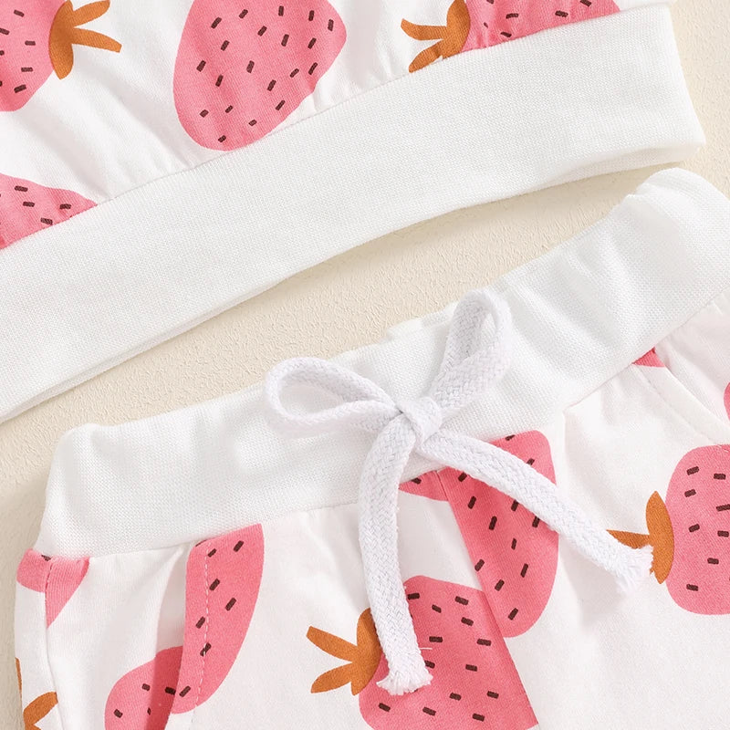 Baby Toddler Girls 2Pcs Fall Outfit Strawberry Print Long Sleeve Top and Elastic Pants Set