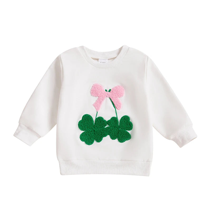 Baby Toddler Girls St. Patrick's Day Irish Bow Four Leaf Clover Embroidery Long Sleeve Pullover Top Casual Spring Clothes