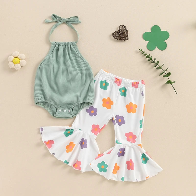 Baby Girl 2Pcs Summer Outfit Tie-Up Halter Neck Sleeveless Romper with Flower Print Flared Pants Set