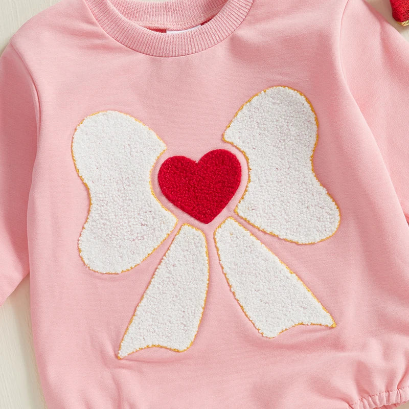 Baby Girl Romper Long Sleeve Round Neck Heart Bow Embroidery Bodysuit Valentine's Day