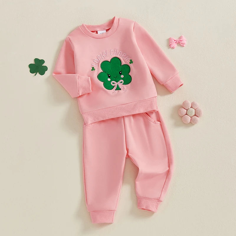 Baby Toddler Boys Girls 2Pcs Spring Outfit Lucky Charm Shamrock Letter Embroidery Long Sleeve Crew Neck Top with Drawstring Pants Jogger Set