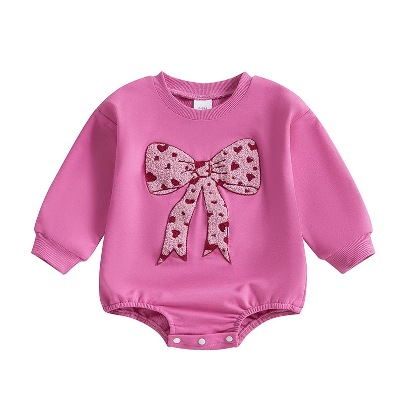 Baby Girls Bubble Romper Heart Bow Embroidery Long Sleeve Jumpsuit Valentine's Day