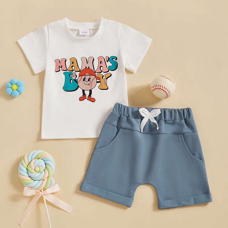 Baby Toddler Boys 2Pcs Mama's Boy Summer Outfit Letter Baseball Print O-Neck Short Sleeve Top with Elastic Waist Shorts Set