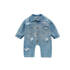 Long Sleeve Distress Denim Jumpsuit Romper
