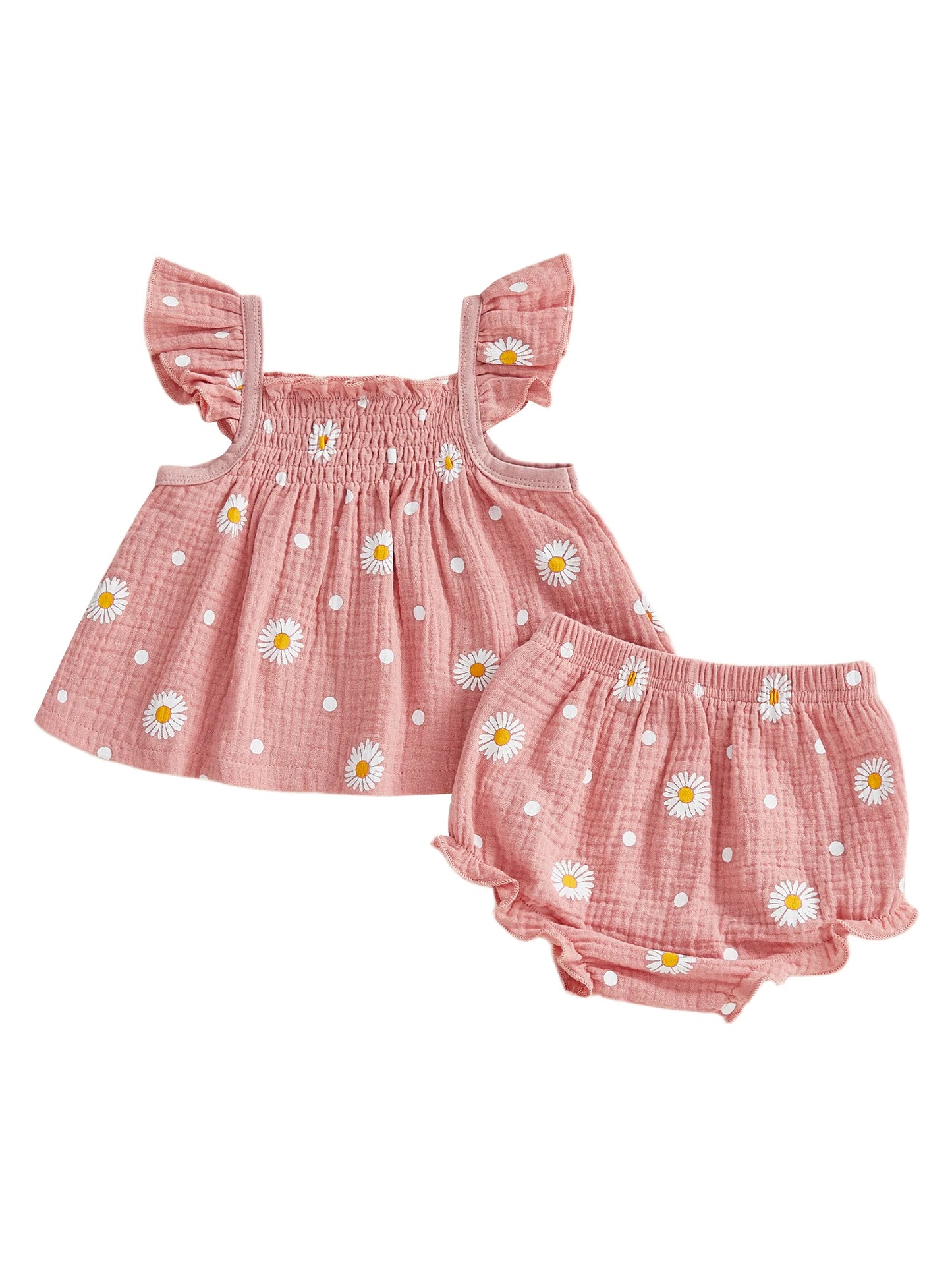 Baby Toddler Girls 2Pcs Summer Outfit Sleeveless Square Collar Daisy Print Ruffled Top and Bloomers Shorts 2 Piece Set