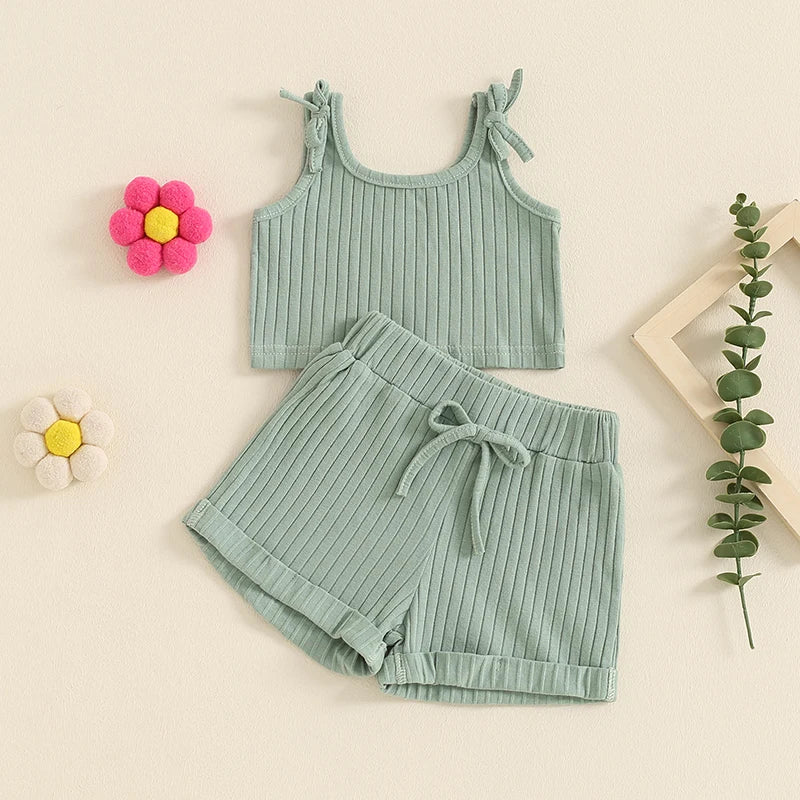 Baby Toddler Girls 2Pcs Summer Outfit Solid Color Ribbed Tank Top Tie Strap Shorts Clothes Matching Set