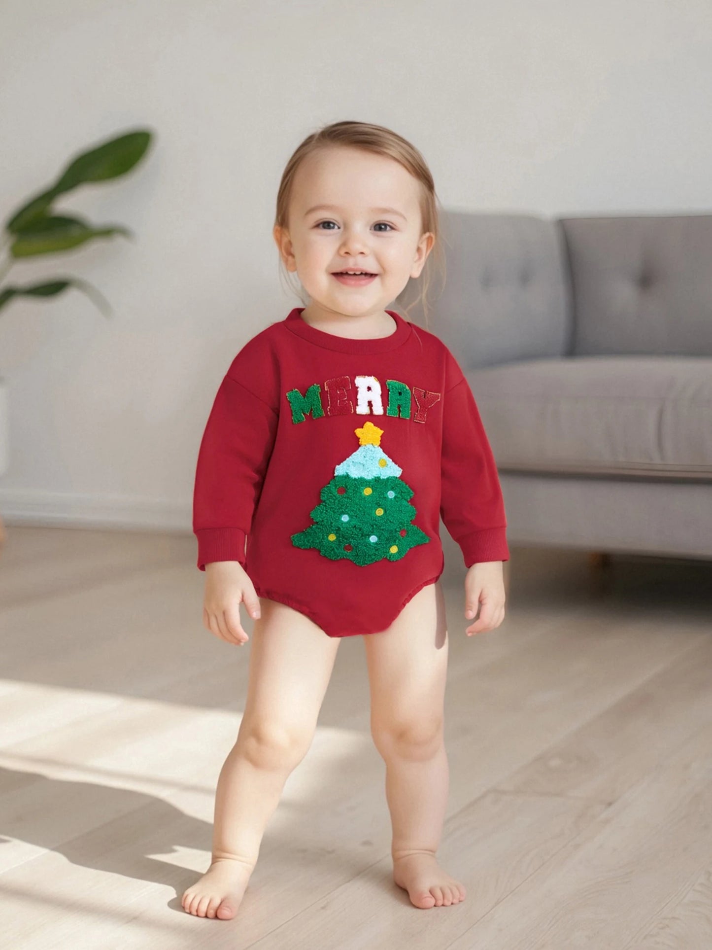 Baby Girl Boy Merry Romper Long Sleeve Round Neck Letter Christmas Tree Embroidery Bubble Jumpsuit