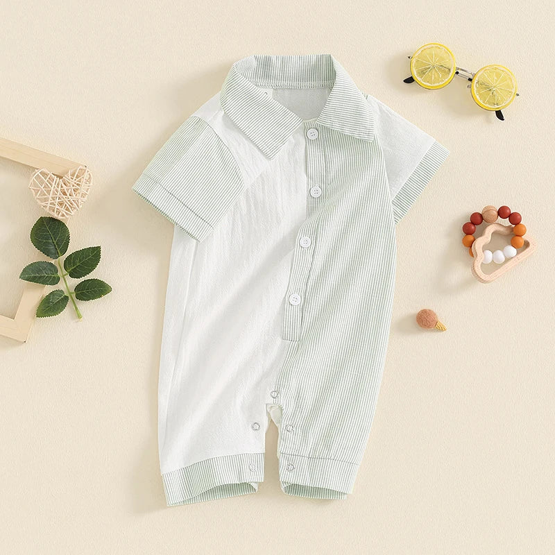 Baby Boy Jumpsuit Summer Short Sleeve Lapel Collar Stripes Contrast Color Print Romper Playsuit