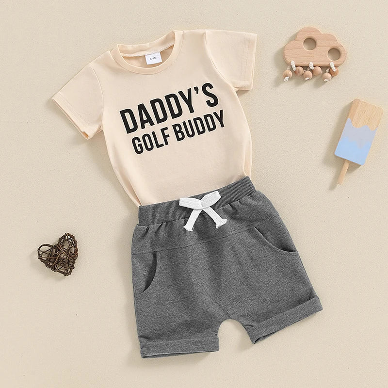 Baby Toddler Boys 2Pcs Daddy's Golf Buddy / Little Dude Short Sleeve Letter Print Top and Drawstring Shorts Set