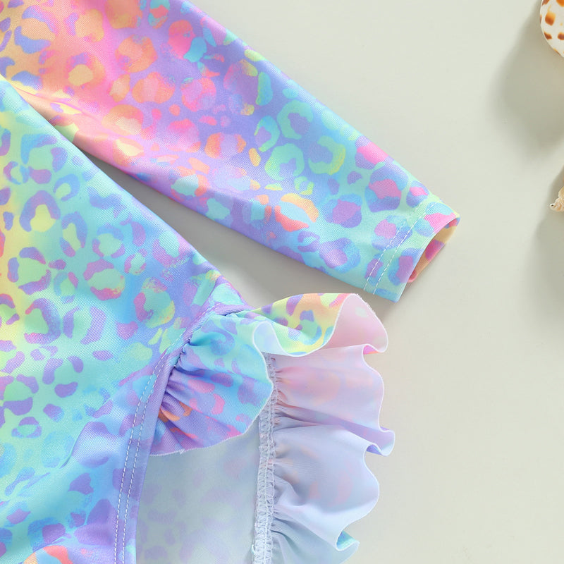 Baby Toddler Kids Girl Swimsuit Fish Scale Print Ruffles Long Sleeve Zipper Jumpsuit Swimwear Beachwear Romper