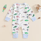 Baby Boys Girls Autumn Casual Romper Long Sleeve Crew Neck Fish Print Zipper Jumpsuit