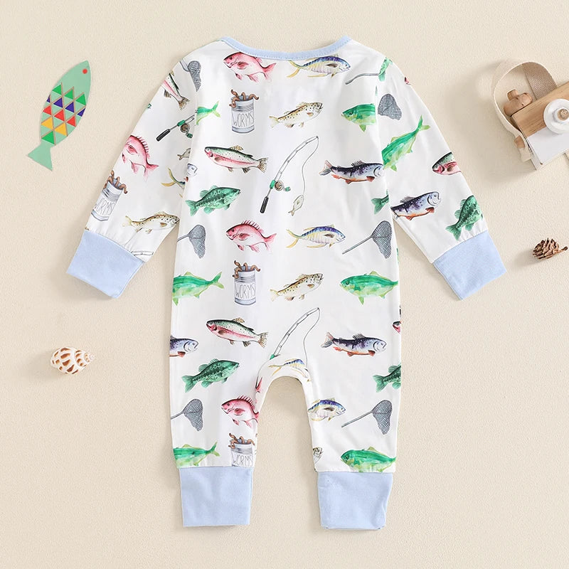 Baby Boys Girls Autumn Casual Romper Long Sleeve Crew Neck Fish Print Zipper Jumpsuit