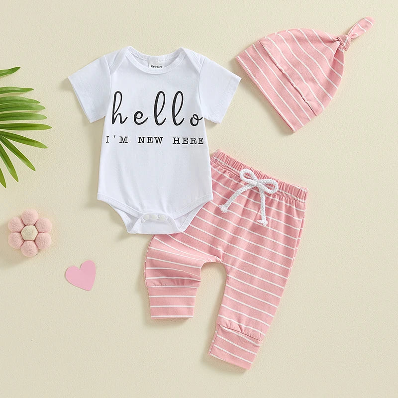 Baby Boy Girl 3Pcs Hello I'm New Here Summer Outfit Letter Print Short Sleeve Romper and Elastic Striped Long Pants and Beanie Hat Set