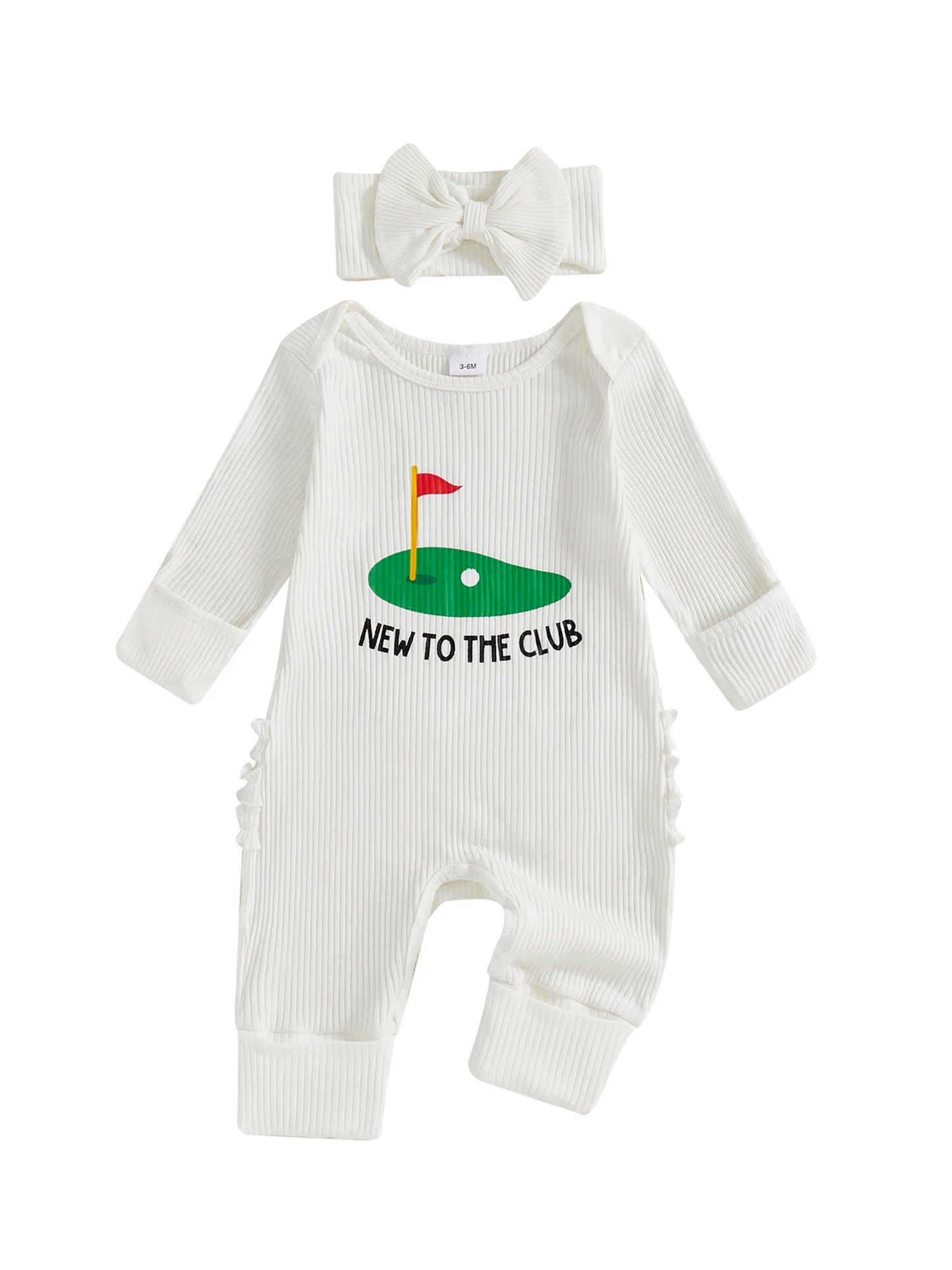 Baby Girl 2Pcs Fall Outfit Golf Goose Bee Print New to the Hive / Club Long Sleeve Ribbed Romper with Bow Headband 2Piece Set