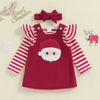 Baby Girls 2Pcs Thanksgiving Christmas Outfits Stripe Long Sleeve Romper Turkey / Santa Embroidery Overalls Dress Headband Set