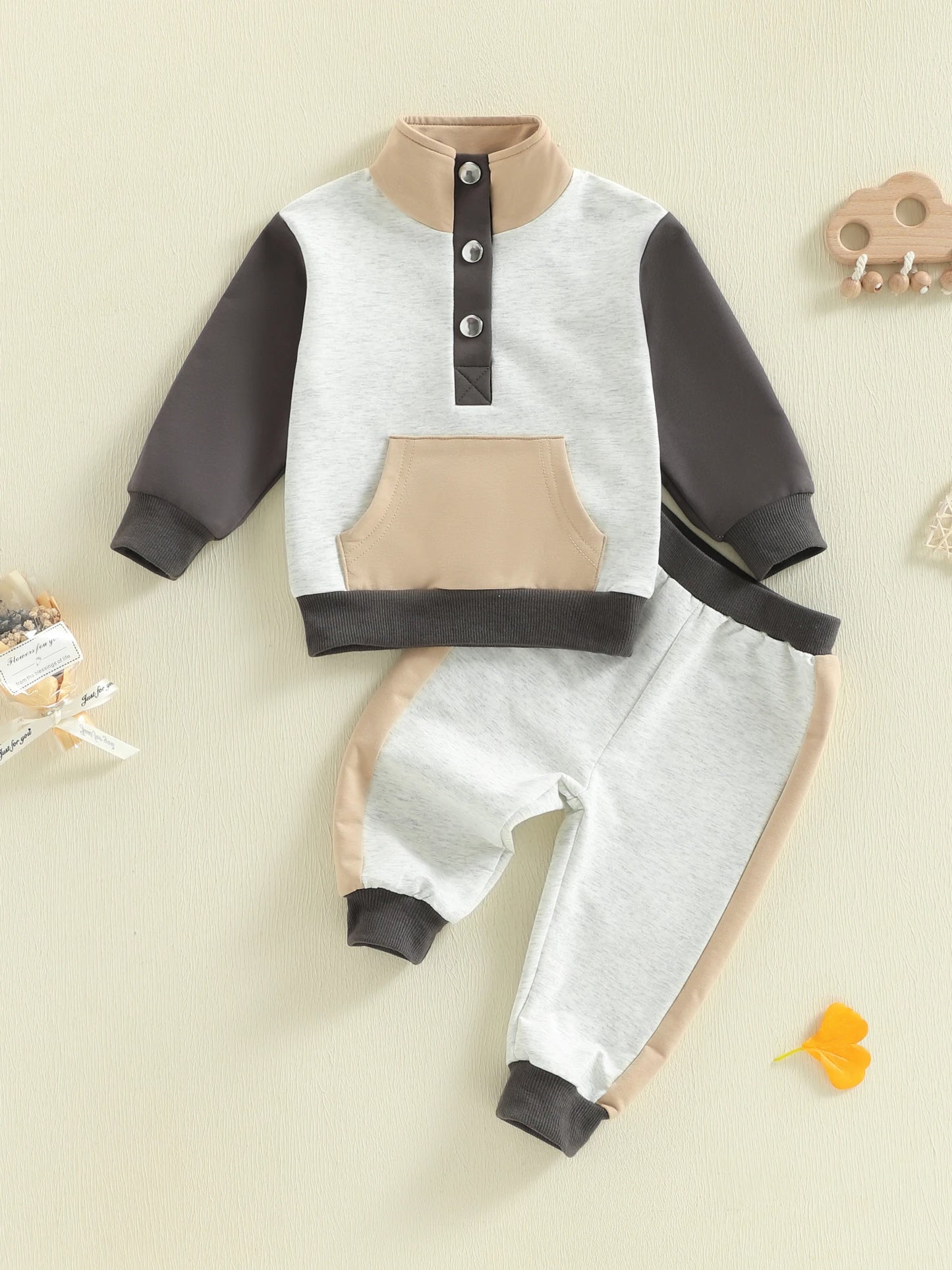 Baby Toddler Boys Girls 2Pcs Clothing Jogger Set Contrast Color Long Sleeve Collar Quarter Button Up Pullover with Pants Outfit