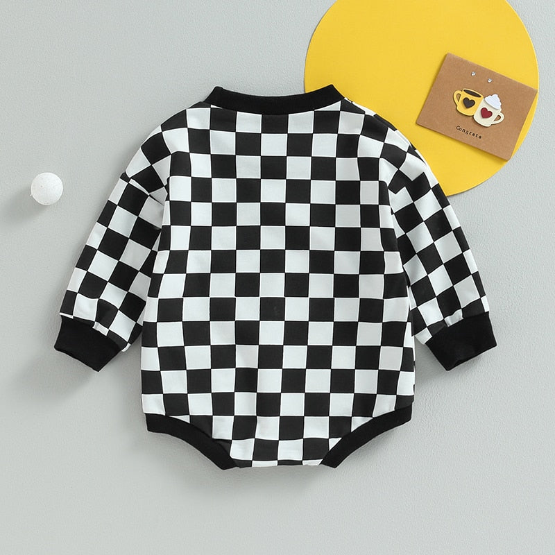 Baby Boy Girl Fall Sweatshirt Bodysuit Checkerboard Print Long Sleeve Jumpsuit Romper