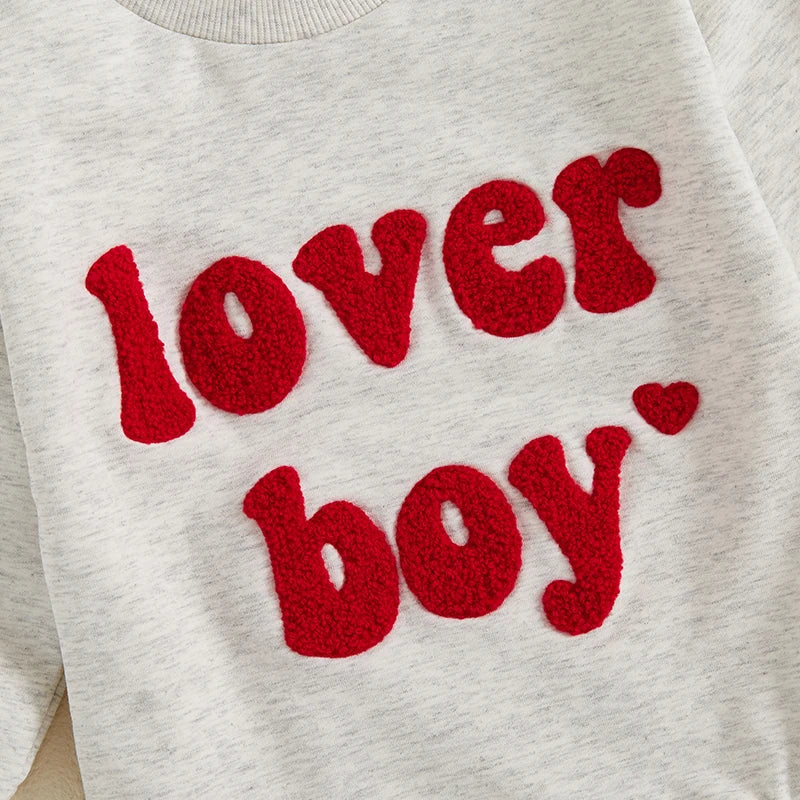 Baby Boys Lover Boy Valentine's Day Bubble Romper Long Sleeve O-Neck Embroidery Letters Valentines Bodysuit