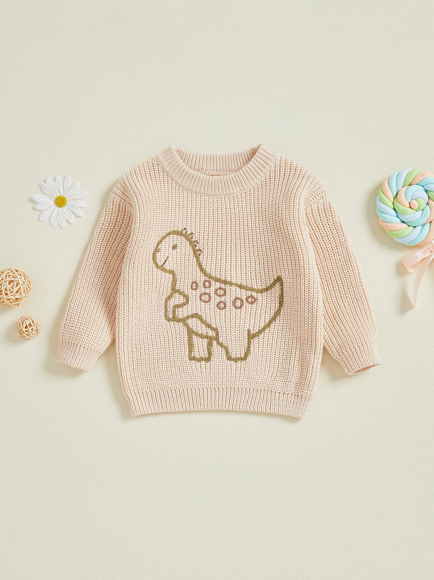 Baby Toddler Boy Sweater Long Sleeve Crew Neck Dinosaur Embroidery Knit Tops Comfortable Pullover