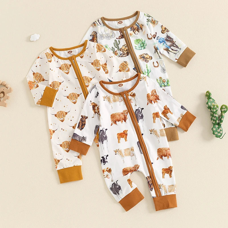 Baby Boys Girls Jumpsuit Long Sleeve Highland Cow Horse Print Fall Zipper Romper