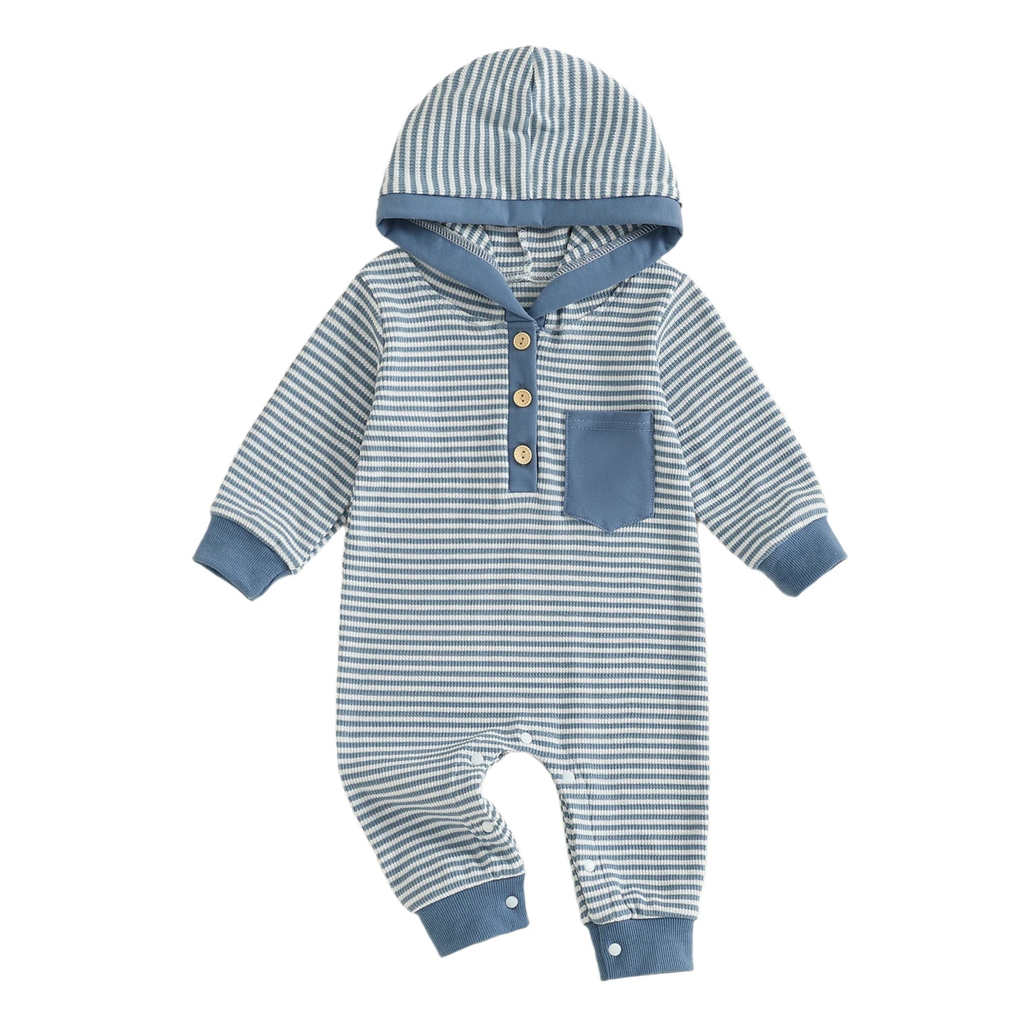 Baby Boy Striped Fall Romper Half Button-up Long Sleeve Hooded Jumpsuit Cute Waffle Clothes
