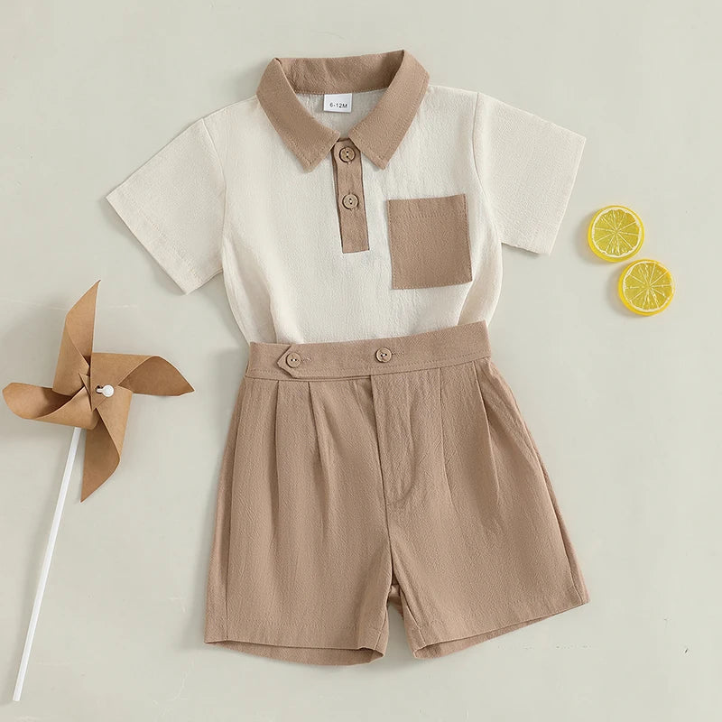 Baby Toddler Boys 2Pcs Summer Outfit Contrast Color Button Turn Down Collar Short Sleeve Shirt Top with Shorts Set