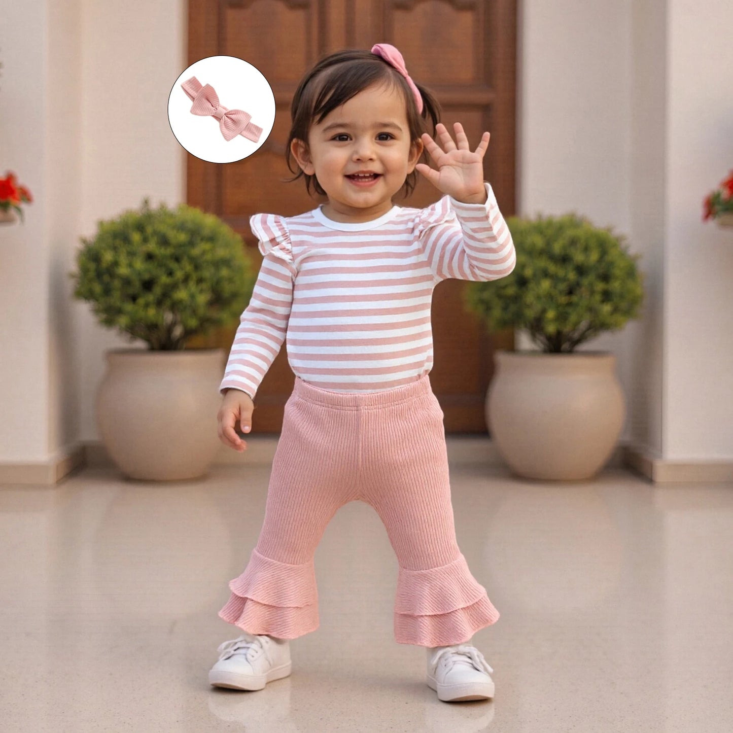 Baby Girls 3Pcs Spring Outfit Long Sleeve Striped Romper with Flare Pants and Headband Clothing Set