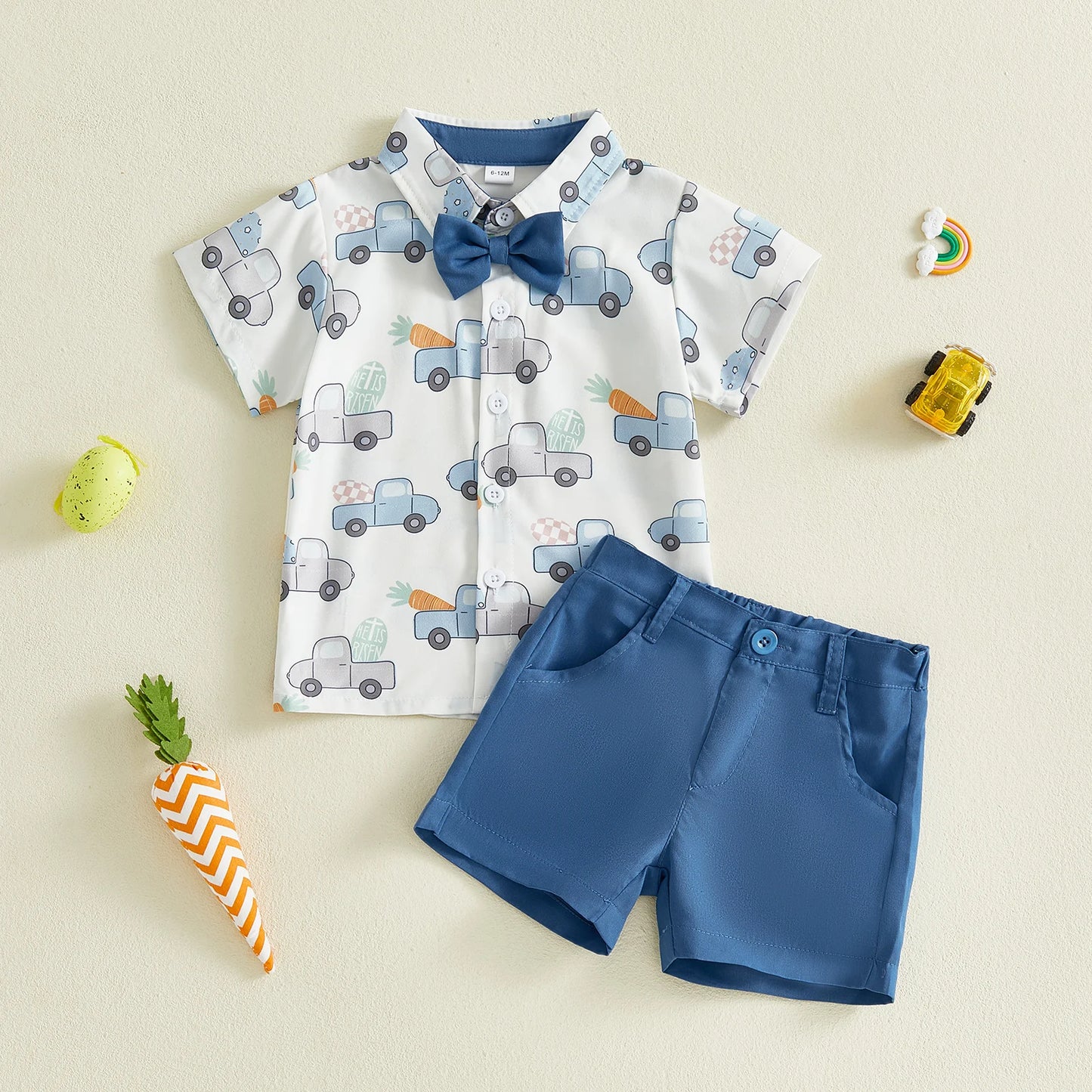 Baby Toddlers Boys 2Pcs Easter Outfit Short Sleeve Car Print Button-down Shirt with Elastic Waist Shorts Set