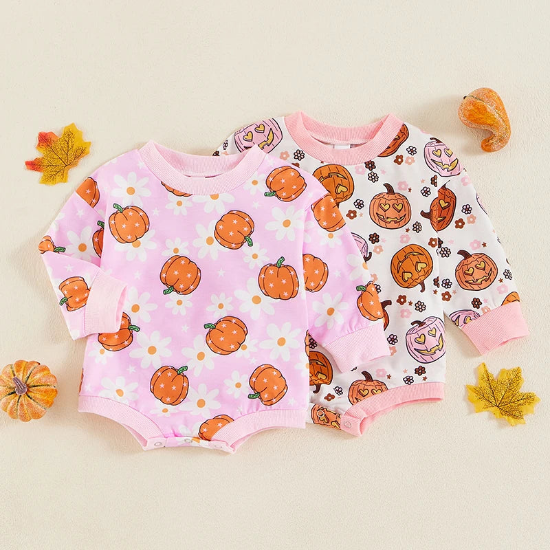 Baby Girls Halloween Romper Long Sleeve O Neck Pumpkin Flower Print Bubble Romper