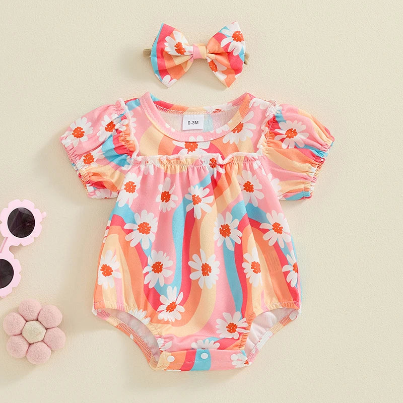 Baby Girls 2Pcs Outfit Short Sleeve Crew Neck Flower Print Bodysuit with Bow Headband Summer Clothes Set