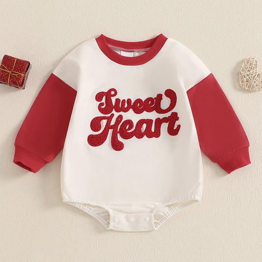 Baby Girls Boys Sweet Heart Valentine's Day Romper Long Sleeve O Neck Letter Embroidery Raglan Bubble Romper Valentines