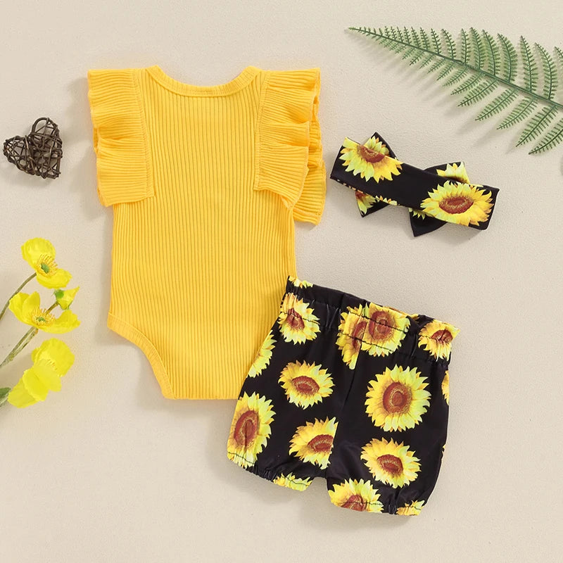 Baby Girls 3Pcs Hi I'm New Here Fly Sleeve Romper with Camouflage Rainbow Sunflower Waist Tie Shorts and Headband Summer Outfit