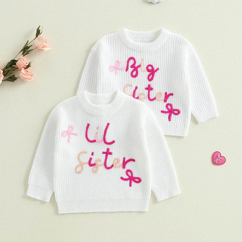 Baby Toddler Girls Lil/Big Sister Sweater Letter Bow Embroidery Crew Neck Long Sleeve Pullover Knit Top