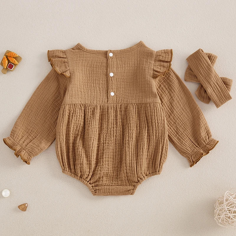 Baby Girl 2Pcs Fall Outfit Long Sleeve Solid Color Ruffle Romper with Headband Set