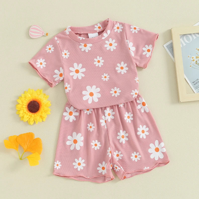 Toddler Baby Girl 2Pcs Spring Summer Clothes Floral Flowers Print Short Sleeve Crewneck Top with Matching Shorts Set Outfit