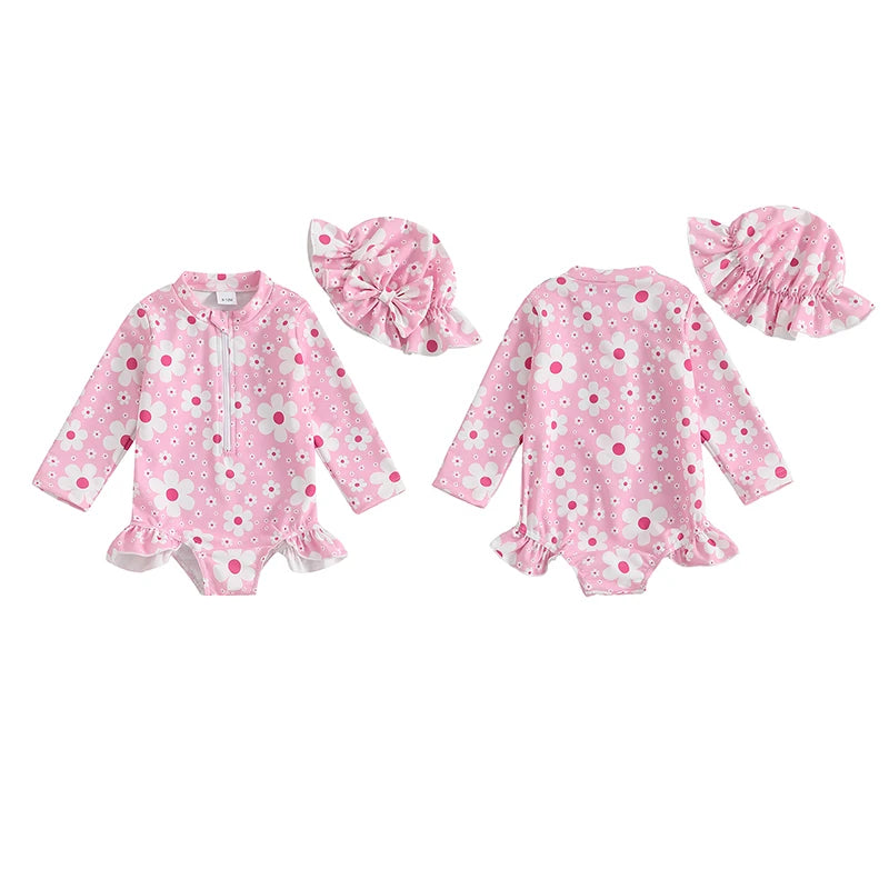 Baby Toddler Girls 2Pcs Swimsuit Long Sleeve Floral/Bow Print Ruffles Bathing Suit Swimwear with Swim Cap Set