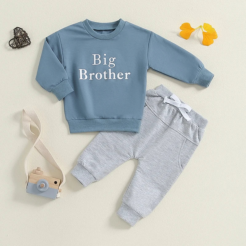 Toddler Kids Boys 2Pcs Big Brother Fall Outfit Letter Print Long Sleeve Crewneck Top and Long Pants Set