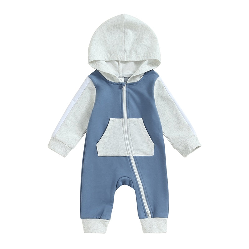 Baby Boy Girl Full Length Jumpsuit Contrast Color Hood Long Sleeve Romper with Zipper