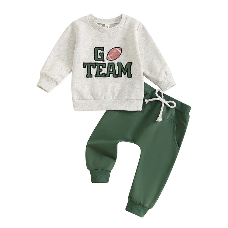 Baby Toddler Boys 2Pcs Go Team Fall Outfit Football Letter Embroidery Long Sleeve O-Neck Top and Solid Color Pants Set