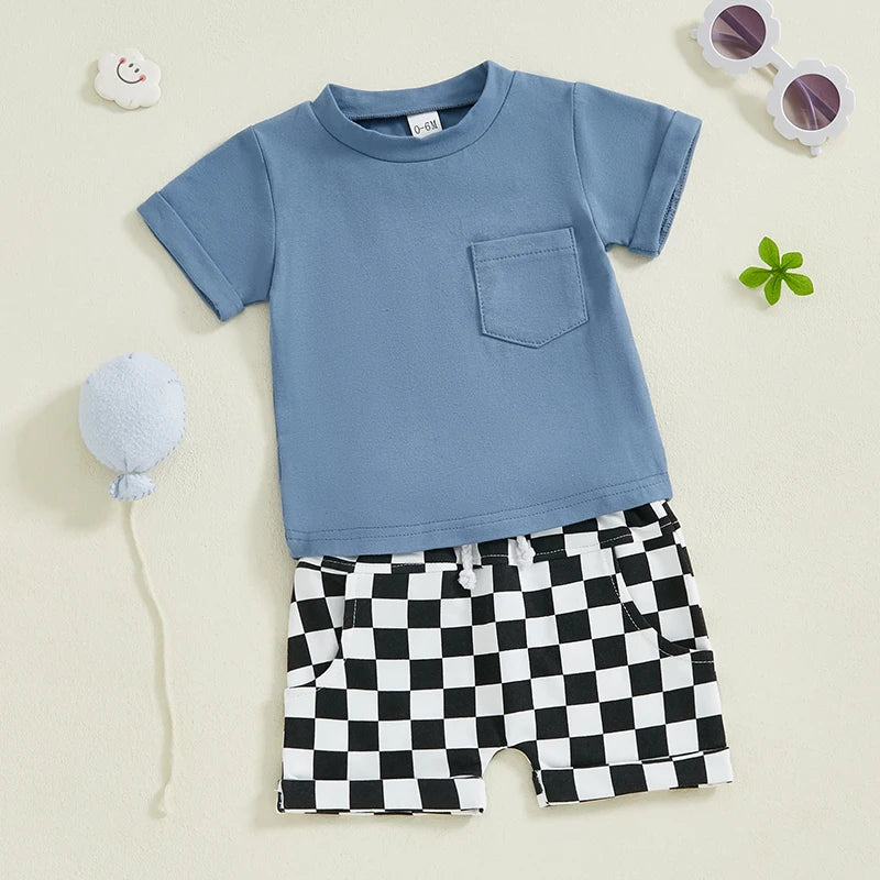 Baby Toddler Boys 2Pcs Summer Outfit Solid Color Short Sleeve Top T-Shirt Checkered Shorts Set