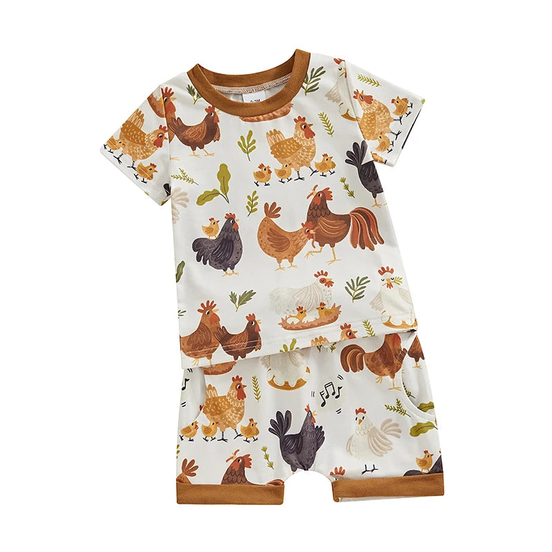 Toddler Baby Boy 2Pcs Farm Clothes Chickens Animals Print Shirt