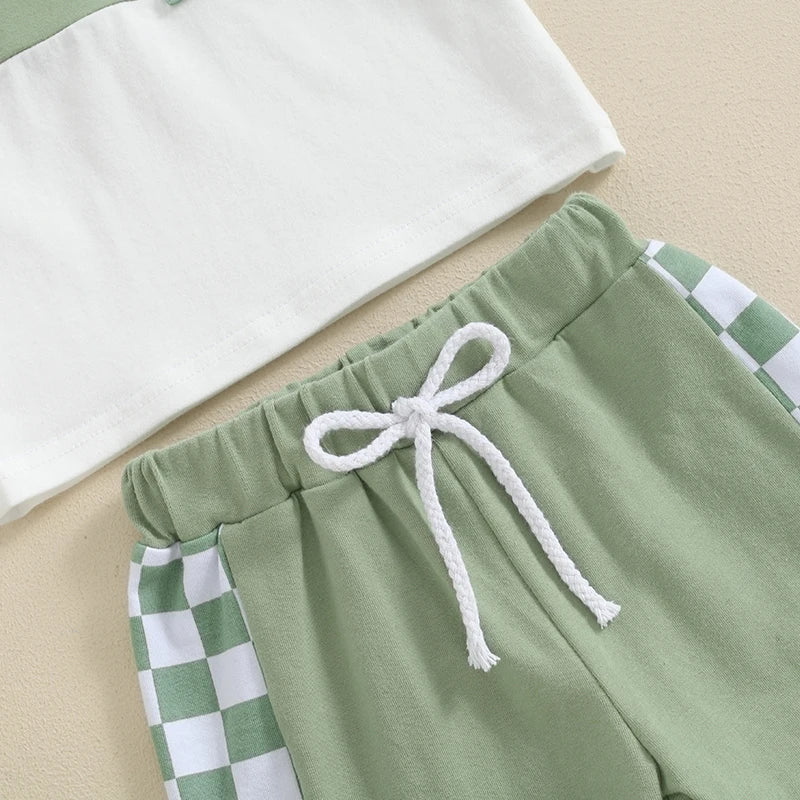 Baby Toddler Boys 2Pcs Summer Short Sleeve Checkerboard Print Top Drawstring Shorts Set Outfit