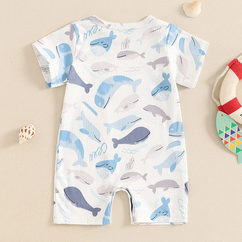 Baby Boys Girls Summer Casual Romper Short Sleeve Crew Neck Ocean Animal Whales Print Jumpsuit