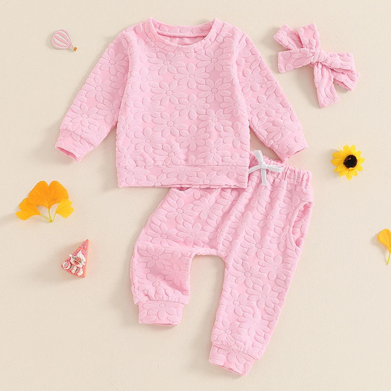 Baby Toddler Girls 3Pcs Fall Outfit Daisy Flower Embroidery Long Sleeve Top with Elastic Waist Pants Headband Set