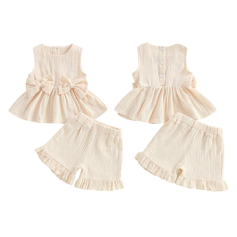 Baby Toddler Kids Girl 2Pcs Summer Clothes Solid Color Bow Round Neck Tank Top + Elastic Waist Ruffled Shorts Set