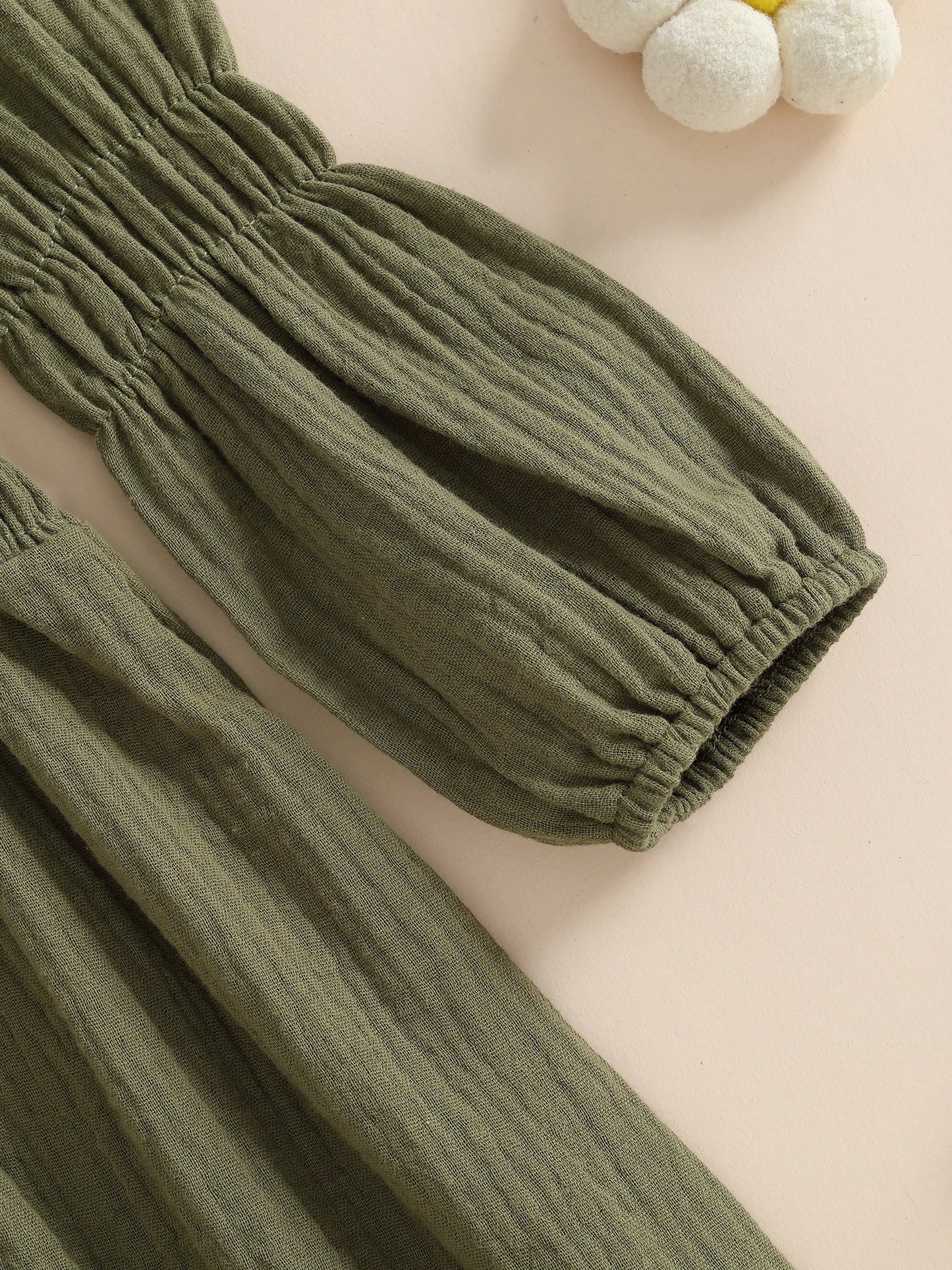 Baby Toddler Girl Bubble Sleeve Dress Stylish Solid Smocked Square Neck Long Sleeve A Line Dress