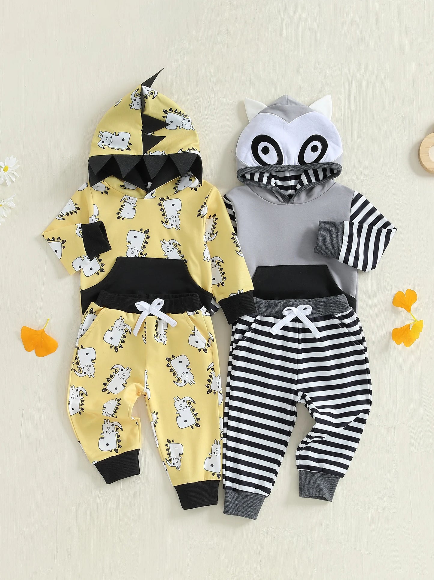 Baby Toddler Boy 2Pcs Fall Outfits Long Sleeve Animal Dinosaur Lemur Hoodies + Elastic Waist Stripe Pants 2Pcs Jogger Set
