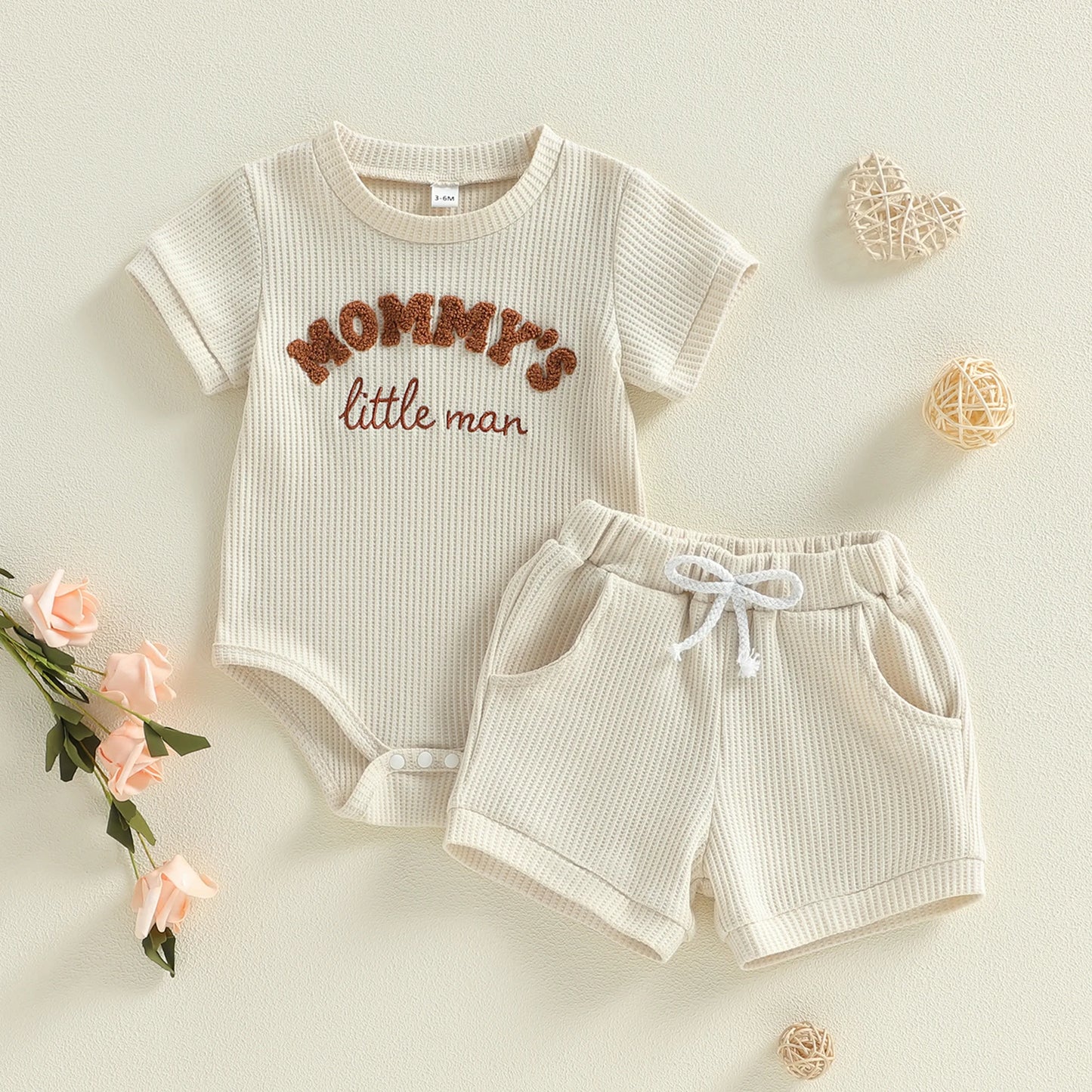Baby Boy 2Pcs Mommy's Little Man Summer Outfit Letter Embroidery Short Sleeve Crew Neck Romper Solid Elastic Waist Shorts 2 Piece Set