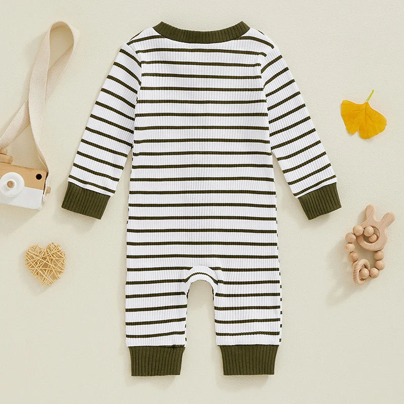 Baby Girl Boy Fall Romper Stripe Print Round Neck Long Sleeve Full Length Jumpsuit